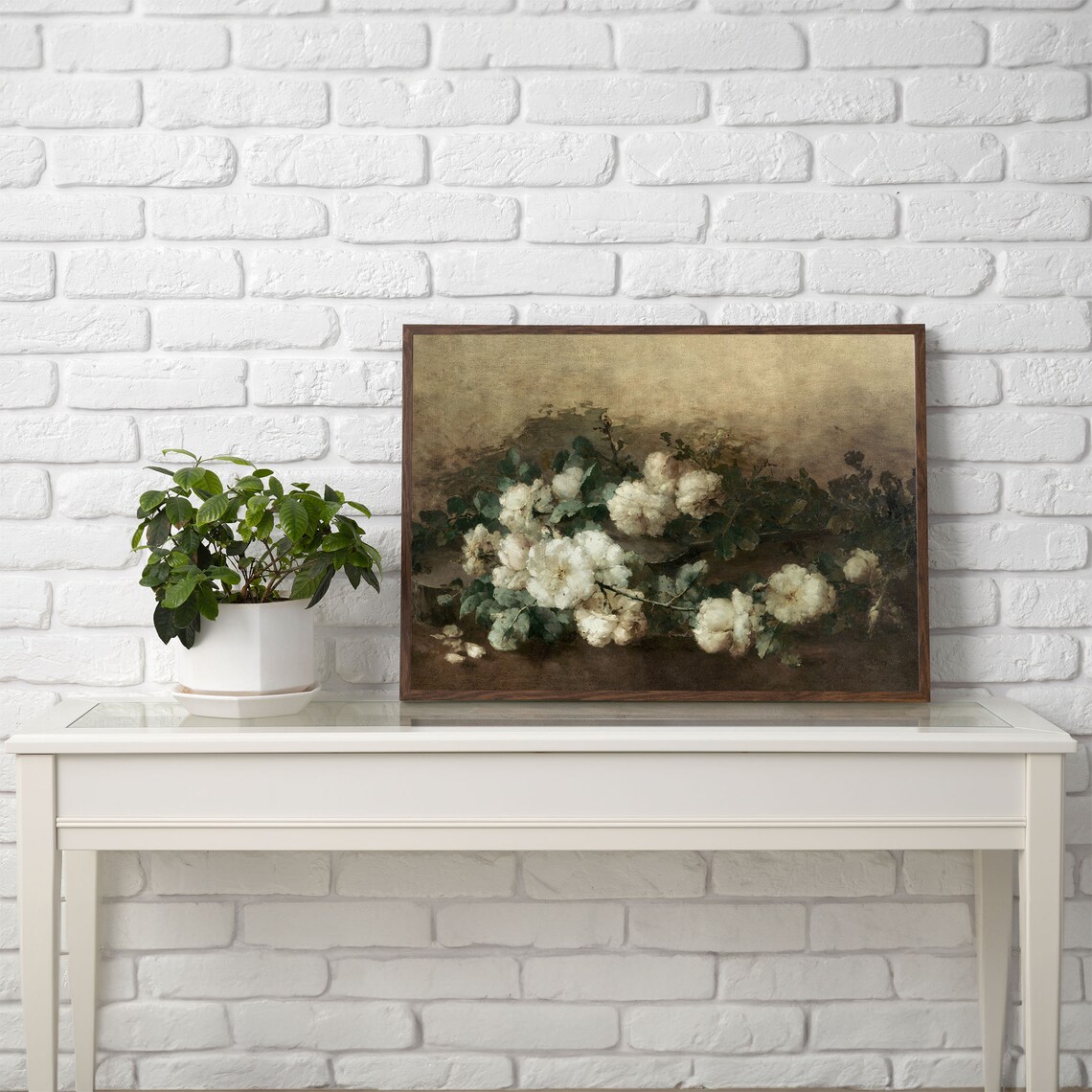 White Roses Bouquet Vintage Floral Still Life Oil Painting Poster - Image 2