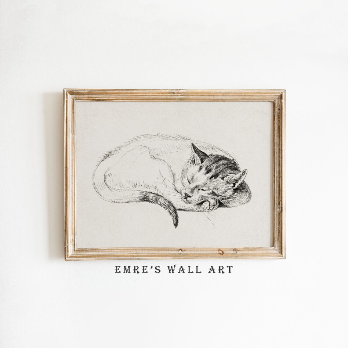 Sleeping Cat Vintage Sketch Art Print, Antique Pet