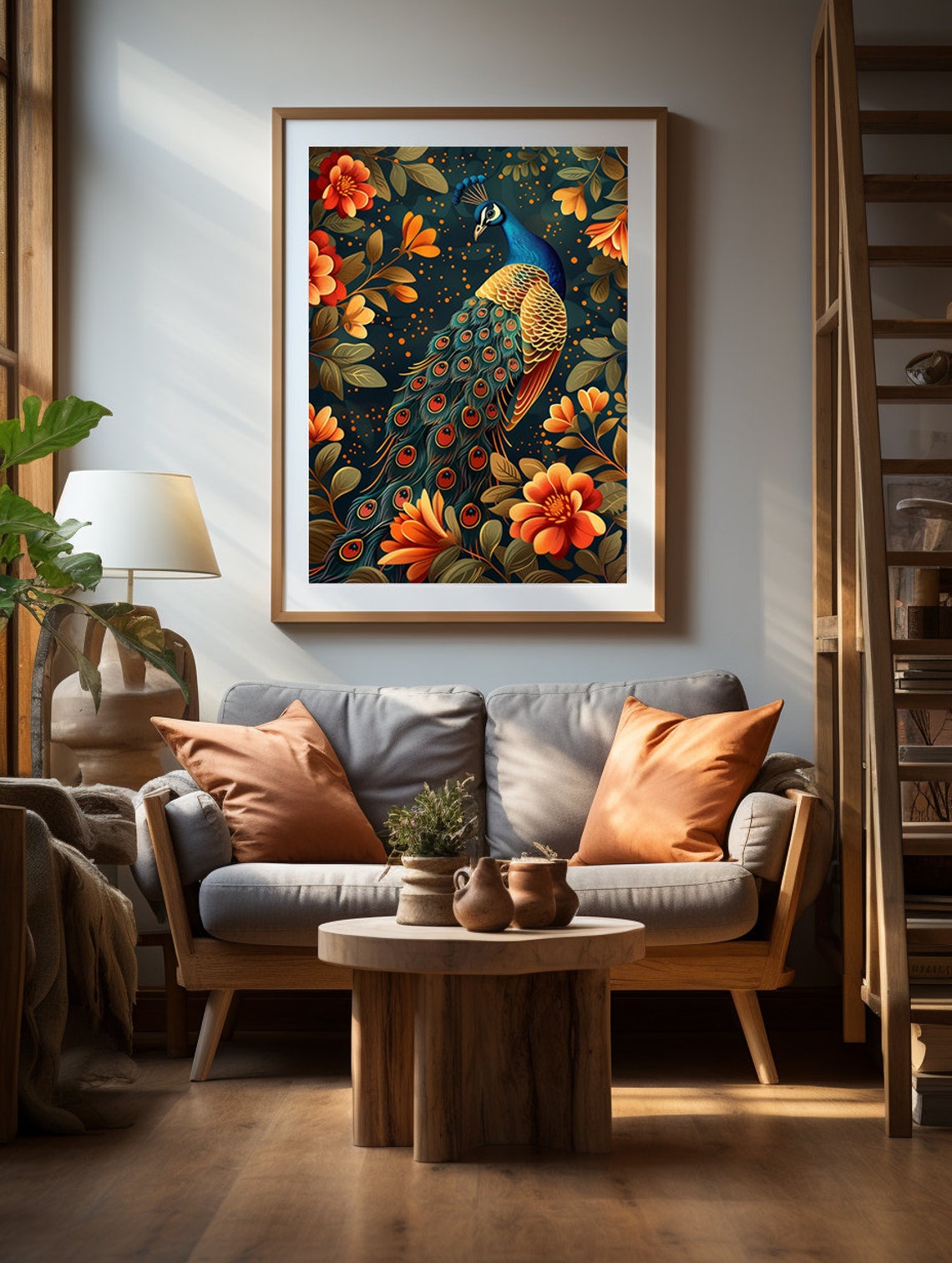 Teal Peacock With Glowing Orange Flowers on Midnight Blue Poster - Image 2