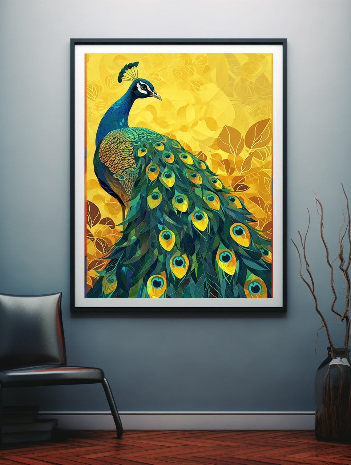 Emerald Green Peacock Displayed on a Golden Floral Background Poster - Image 3