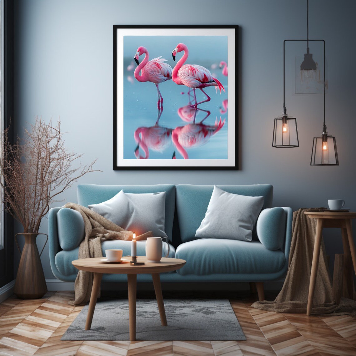 Two Elegant Pink Flamingos Reflected in Calm Turquoise Water Poster