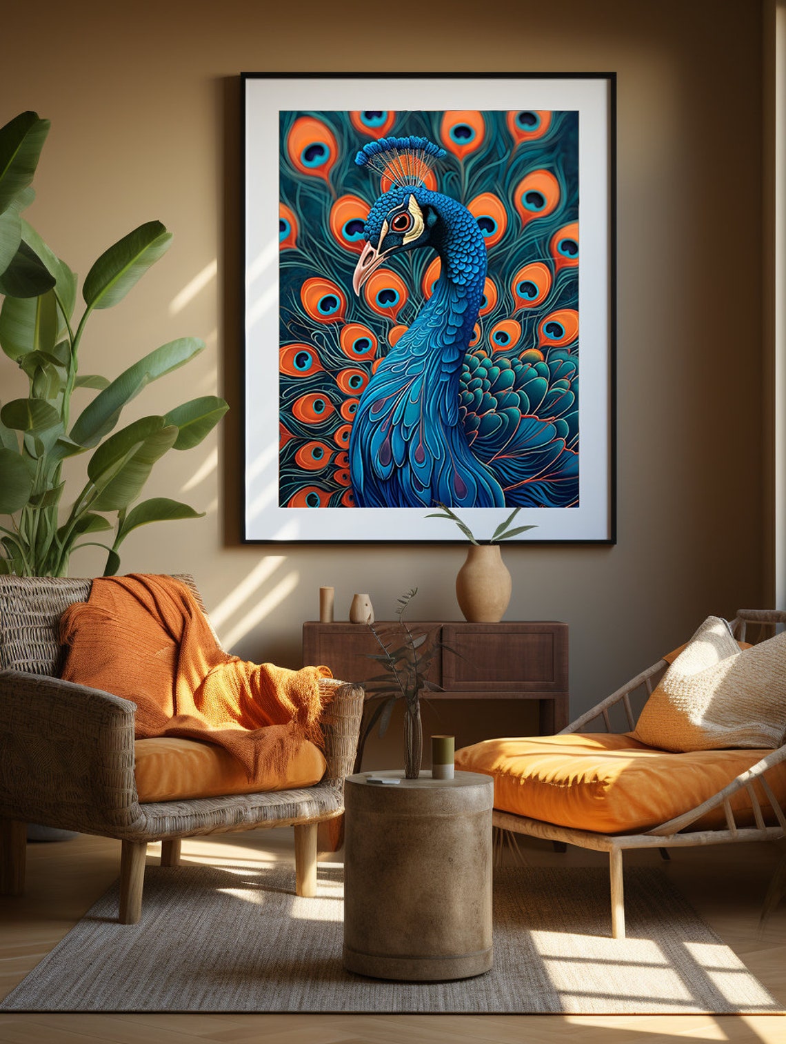 Blue Peacock Head Rising Over a Turquoise Feather Fan Poster - Image 3