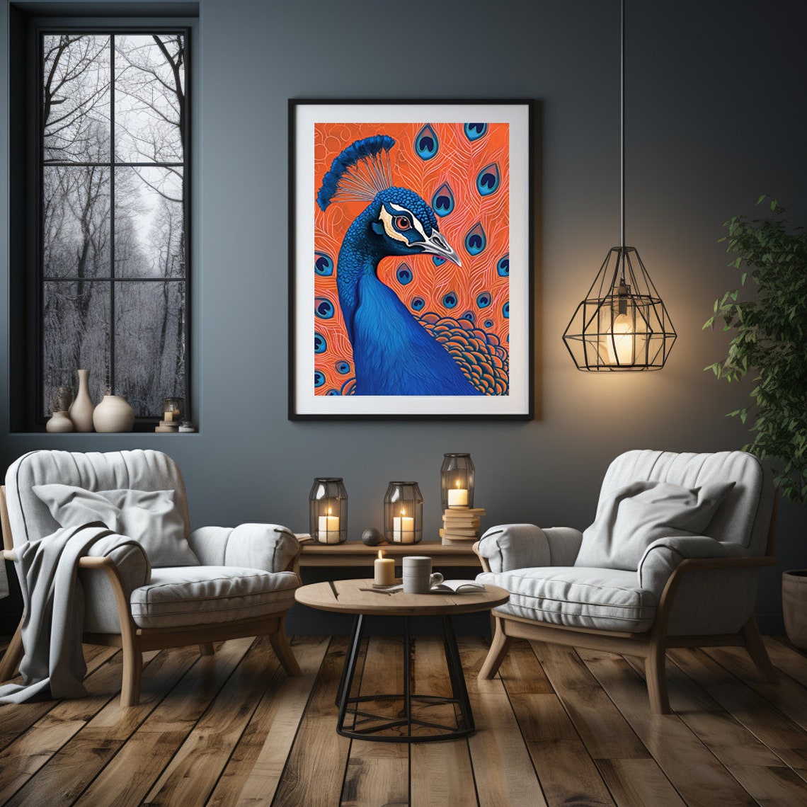 Vibrant Blue Peacock Head on a Fiery Orange Background Poster - Image 2