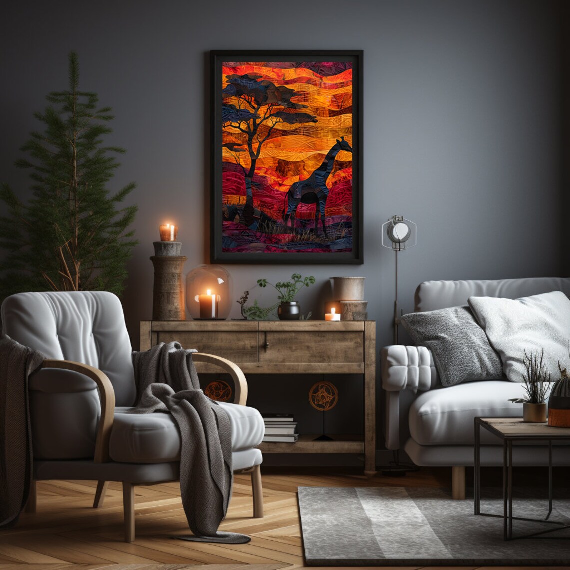 Giraffe Silhouette at a Fiery Sunset in Textured Paper Cut Poster - Image 3