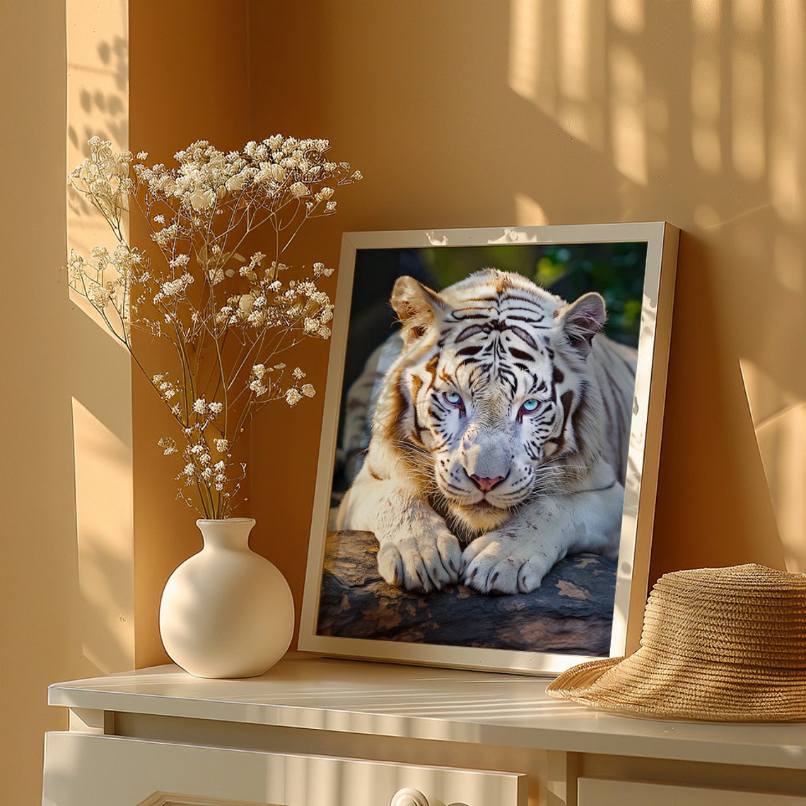 Albino White Tiger Portrait Lying Majestically on a Rock Poster - Image 5