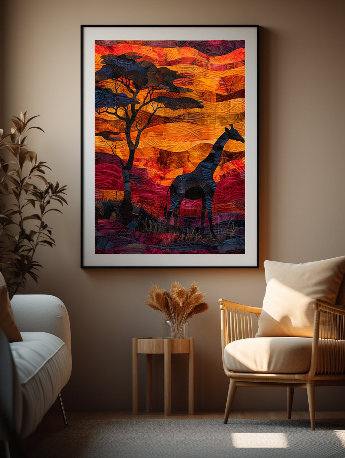 Giraffe Silhouette at a Fiery Sunset in Textured Paper Cut Poster - Image 4