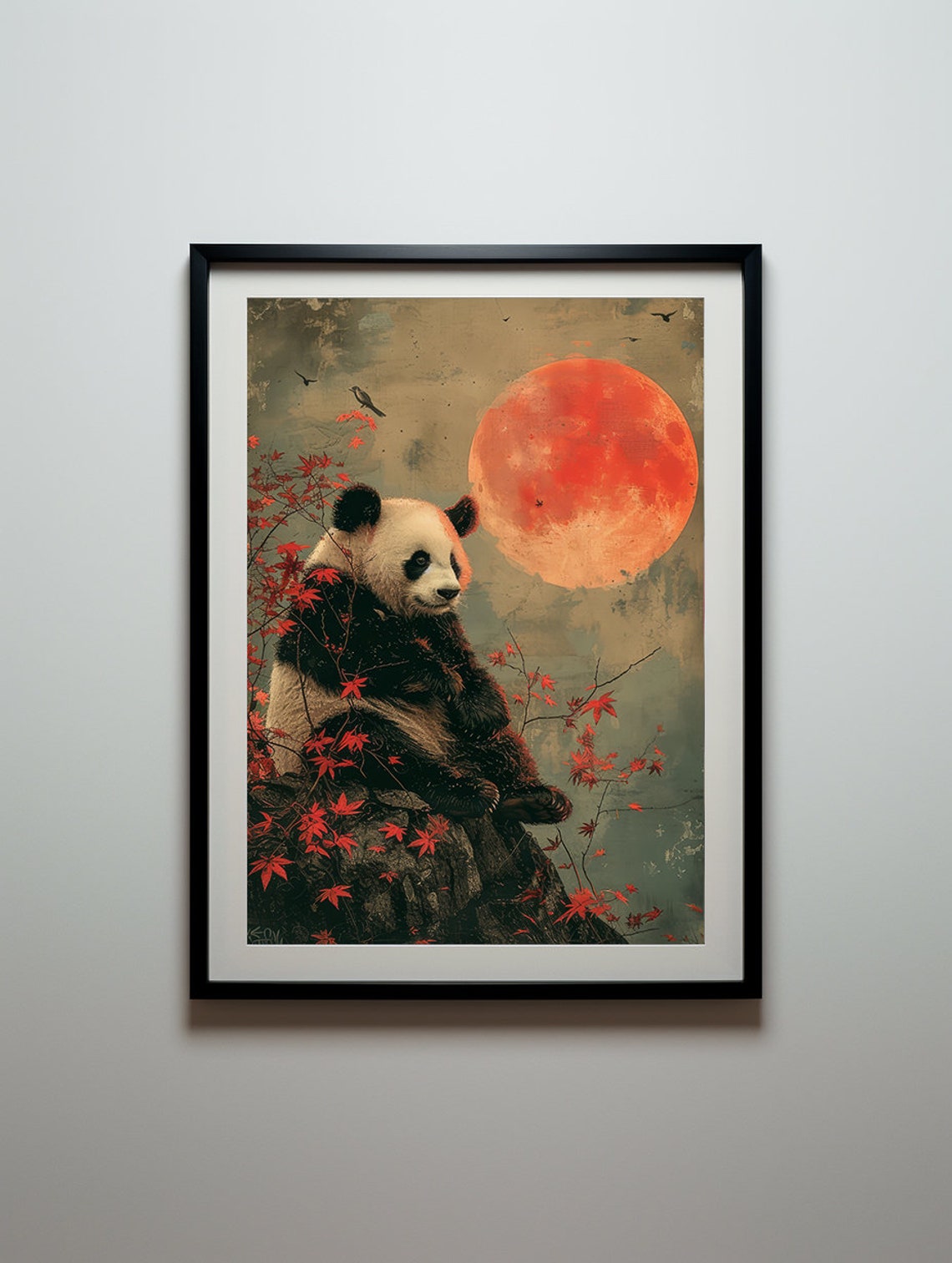 Panda Sitting on a Rocky Perch Beneath a Giant Glowing Red Moon Poster - Image 2