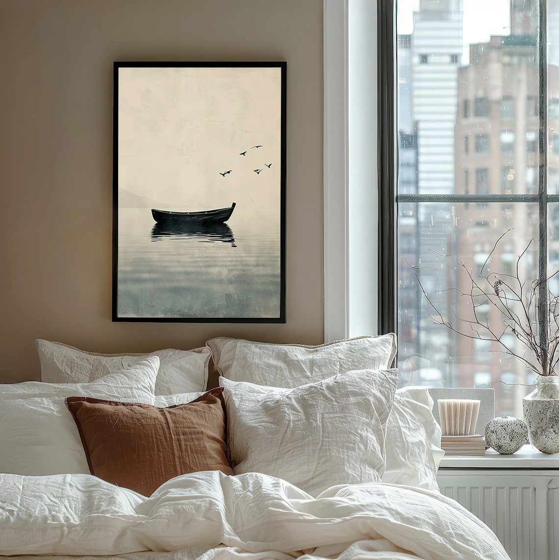 Minimalist Rowboat Floating on a Still Lake in Sepia Tones Poster - Image 7