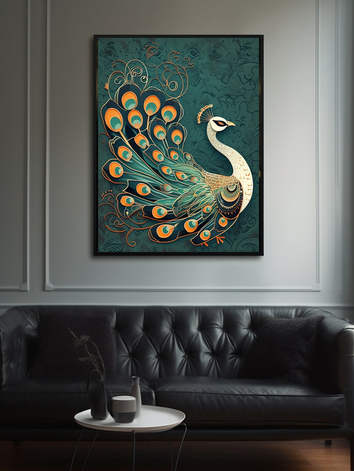 White Peacock With an Ornate Golden Tail on Patterned Teal Poster - Image 3