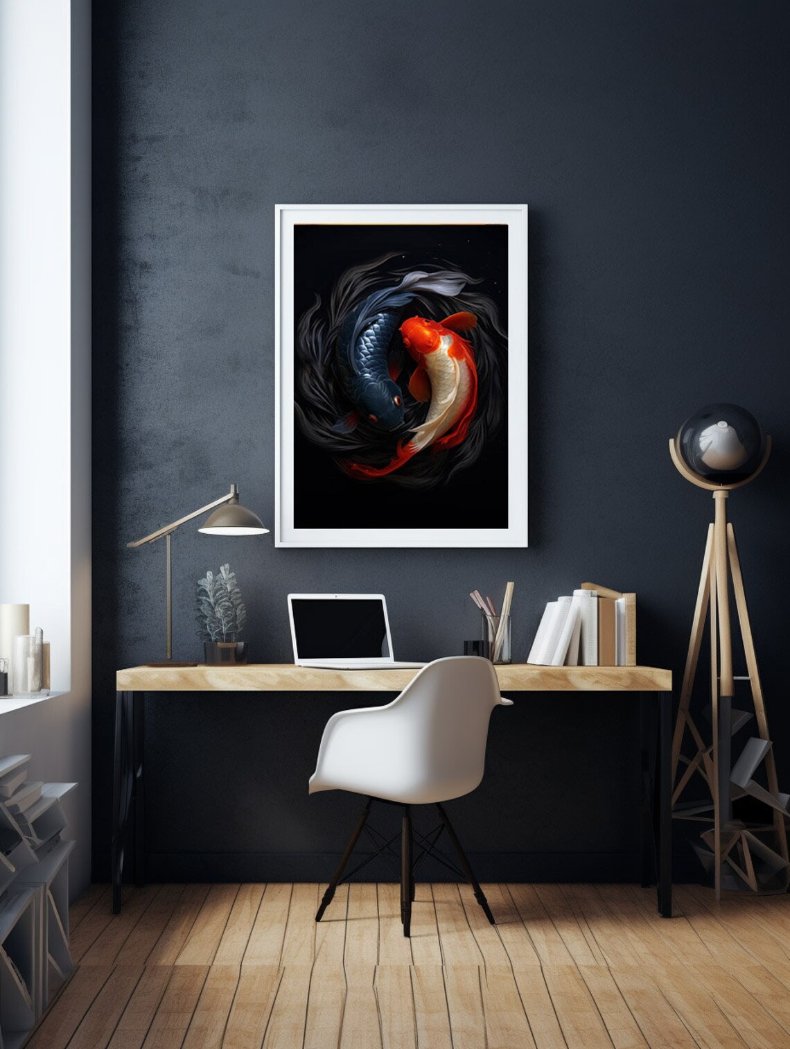 Yin Yang Pair of Koi Fish Swimming on a Black Background Poster - Image 2
