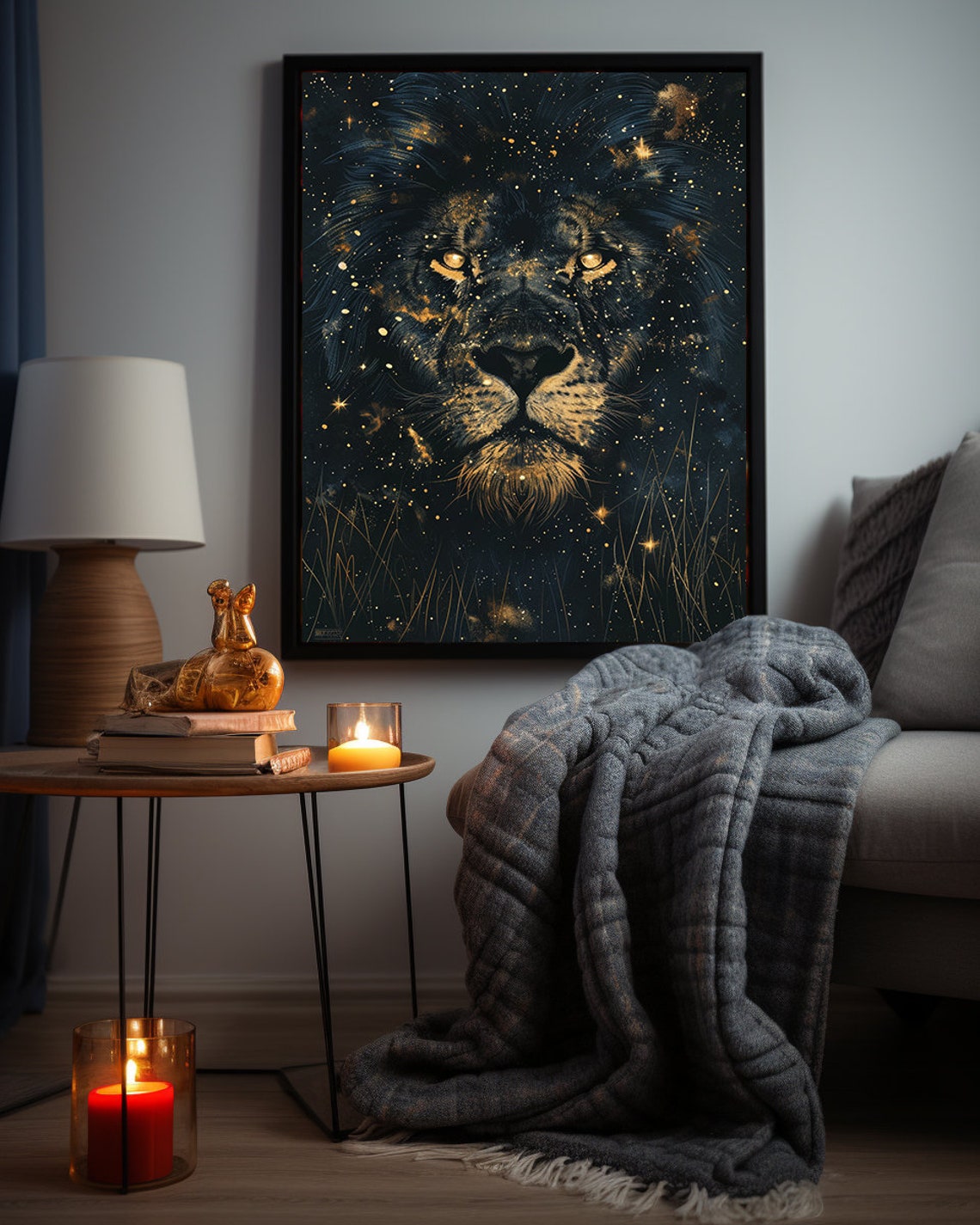 Majestic Lion Face Emerging from a Starry Cosmic Night Sky Poster