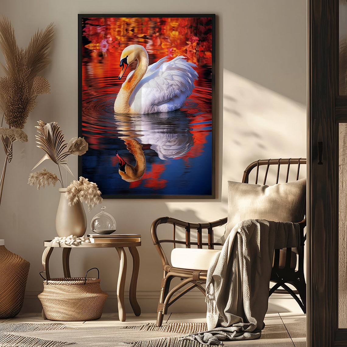 White Swan Reflection Gliding on Golden Sunset Waters Poster - Image 6