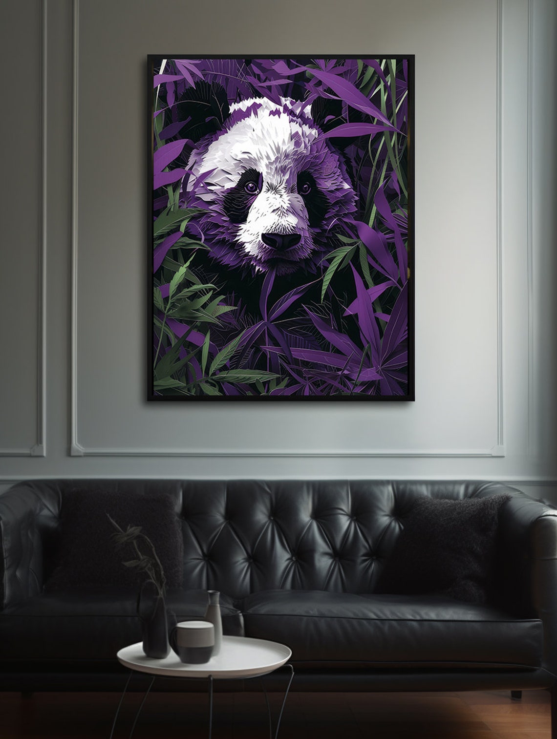 Paper Cut Panda Face Emerging from Purple Bamboo Leaves Poster - Image 2
