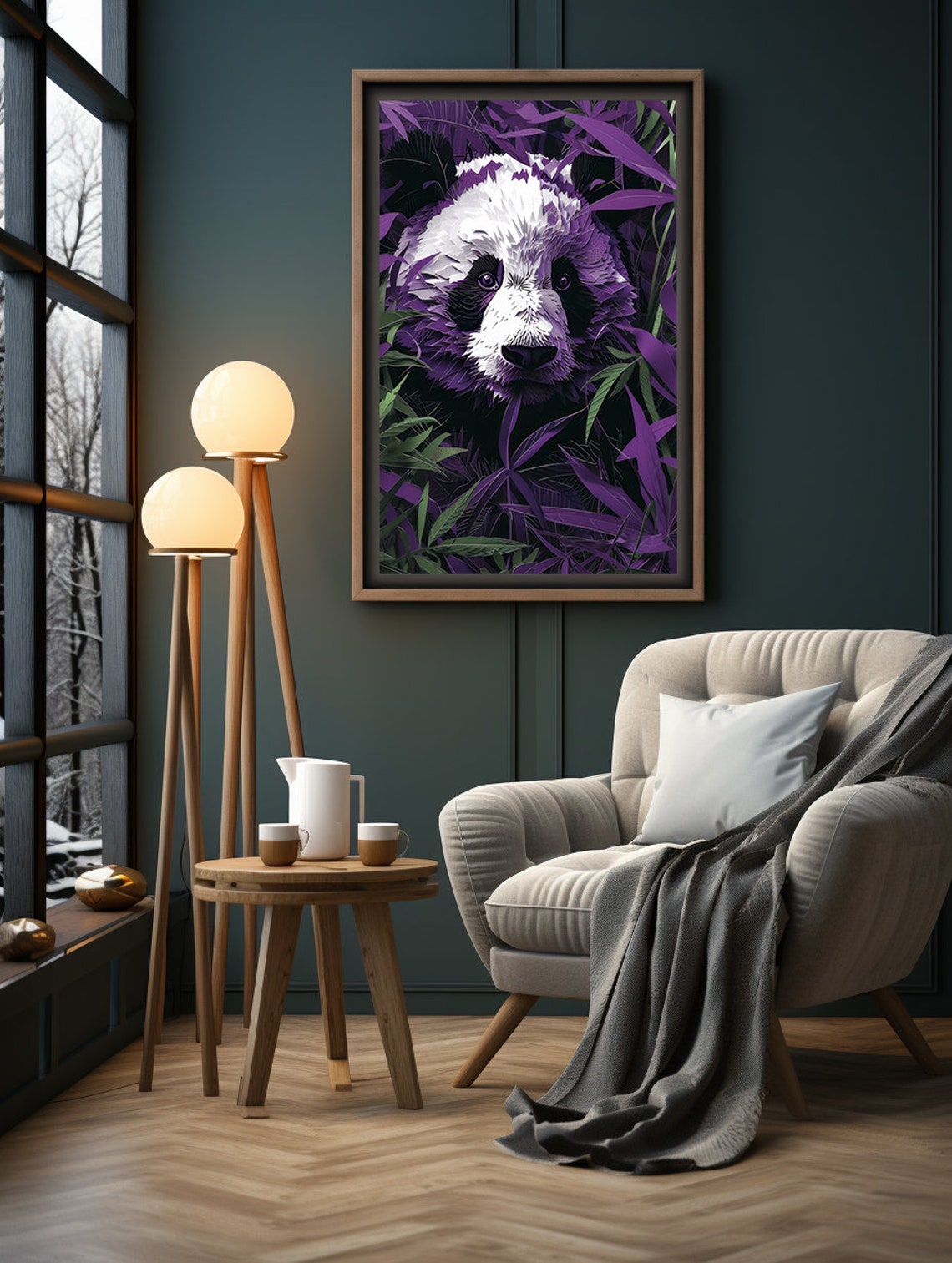 Paper Cut Panda Face Emerging from Purple Bamboo Leaves Poster - Image 6