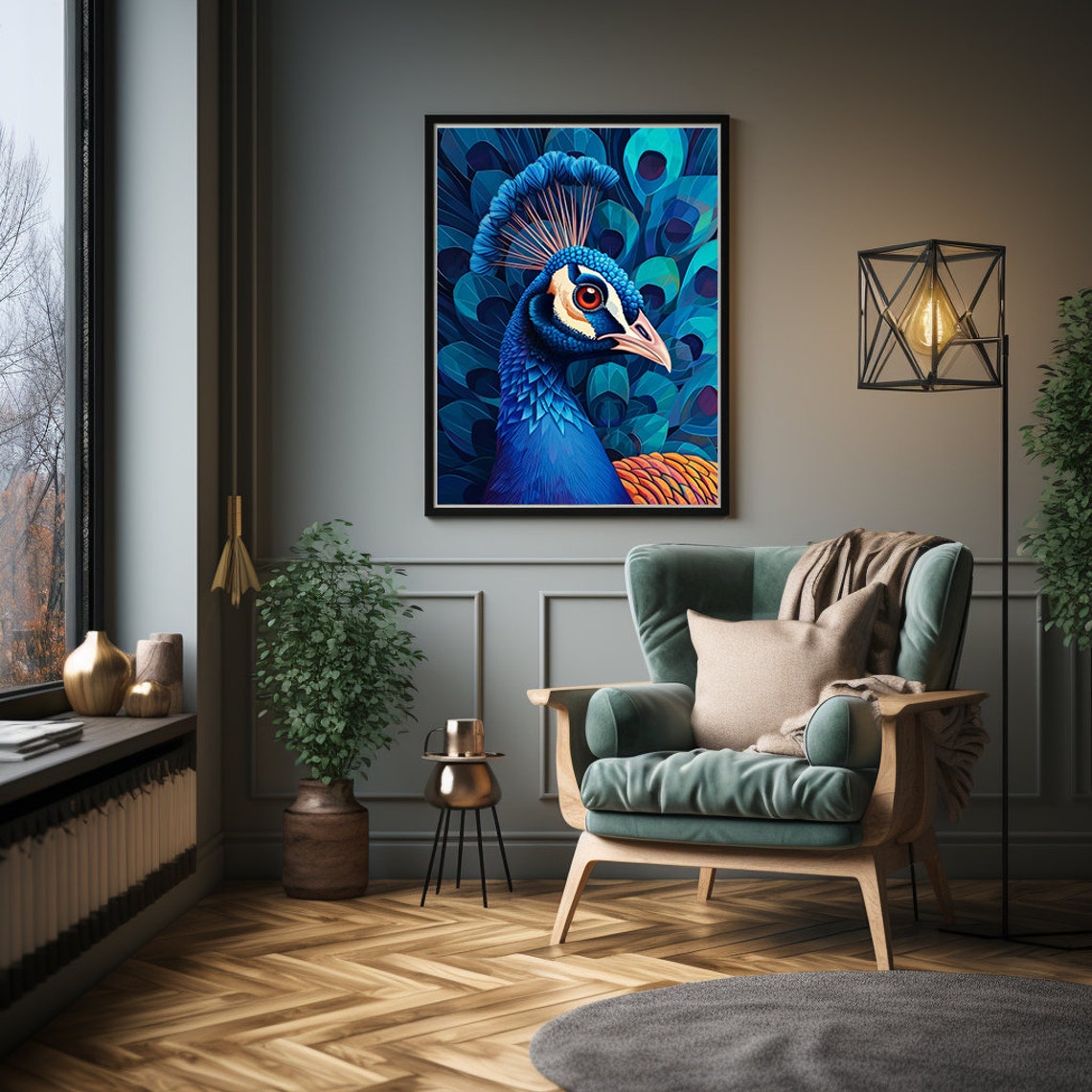 Vivid Blue Peacock Head in Striking Close-Up Portrait Poster - Image 4