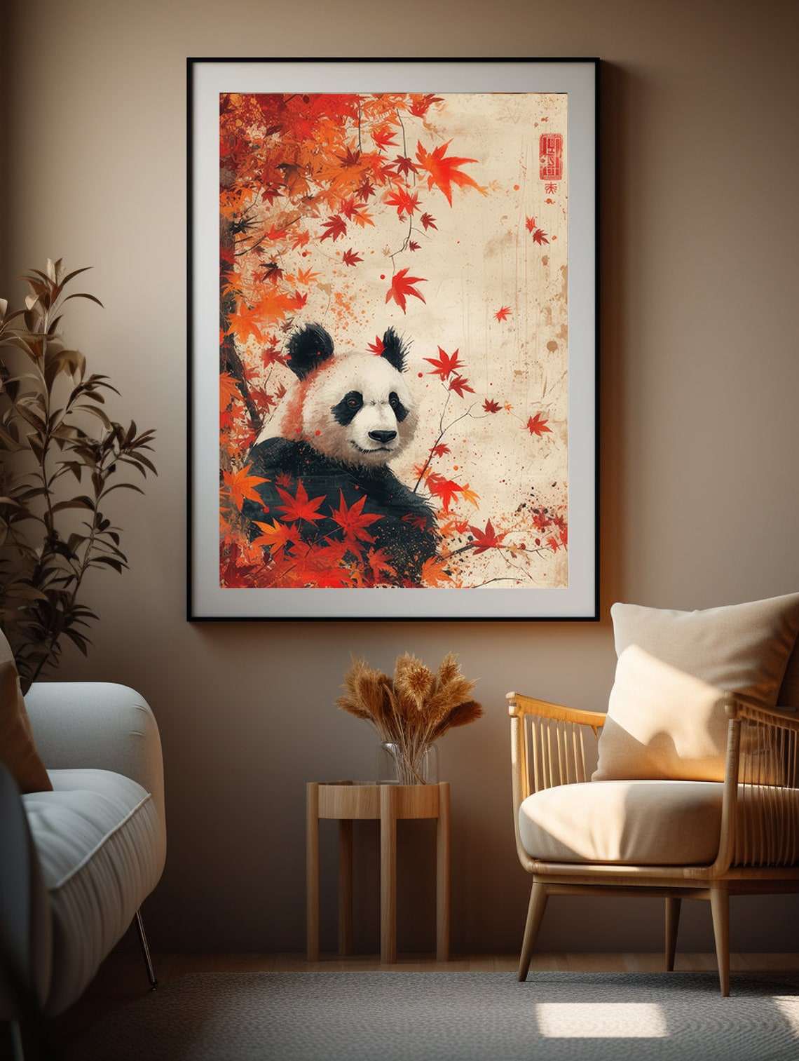 Panda Among Falling Red Maple Leaves in Vintage Asian Style Poster - Image 6
