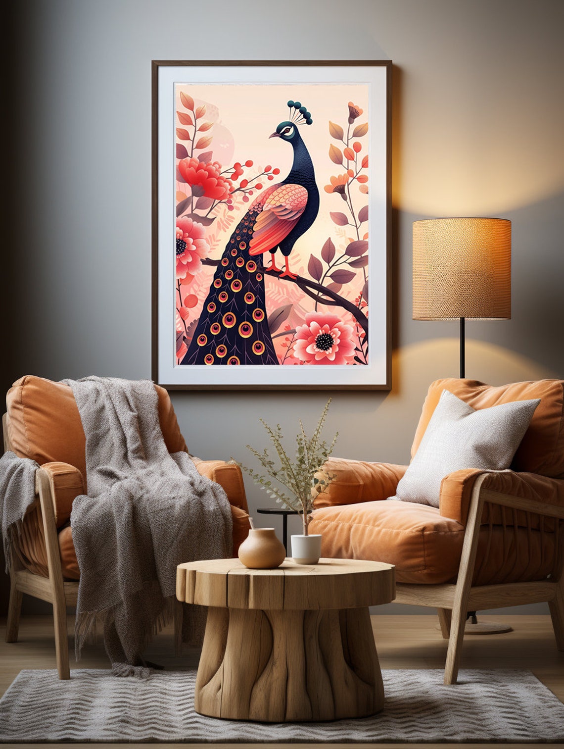 Blush Pink Peacock Perched Gracefully Among Pink Roses Poster - Image 3