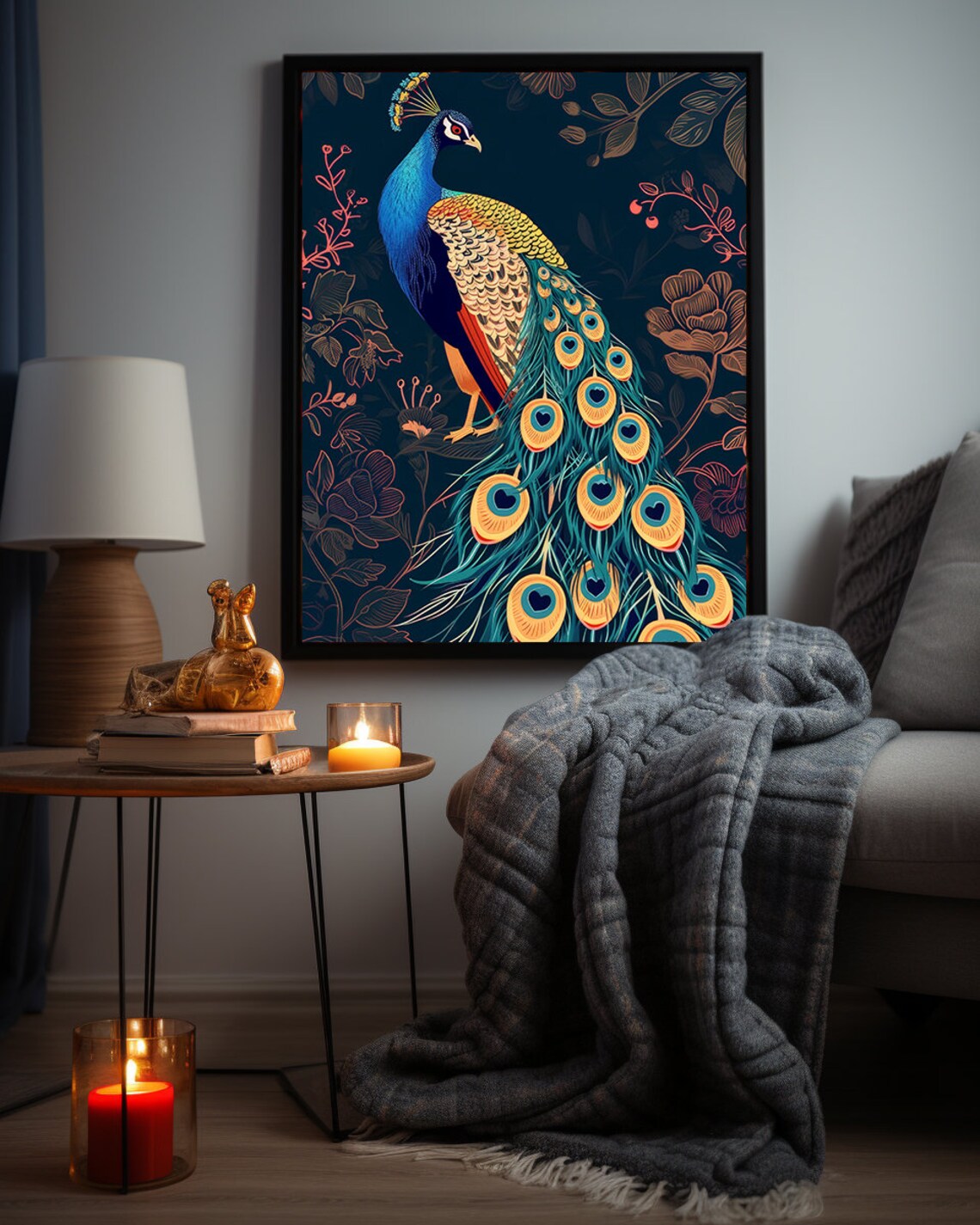Blue Peacock Feather Print, Exotic Bird Wall Art - Image 3