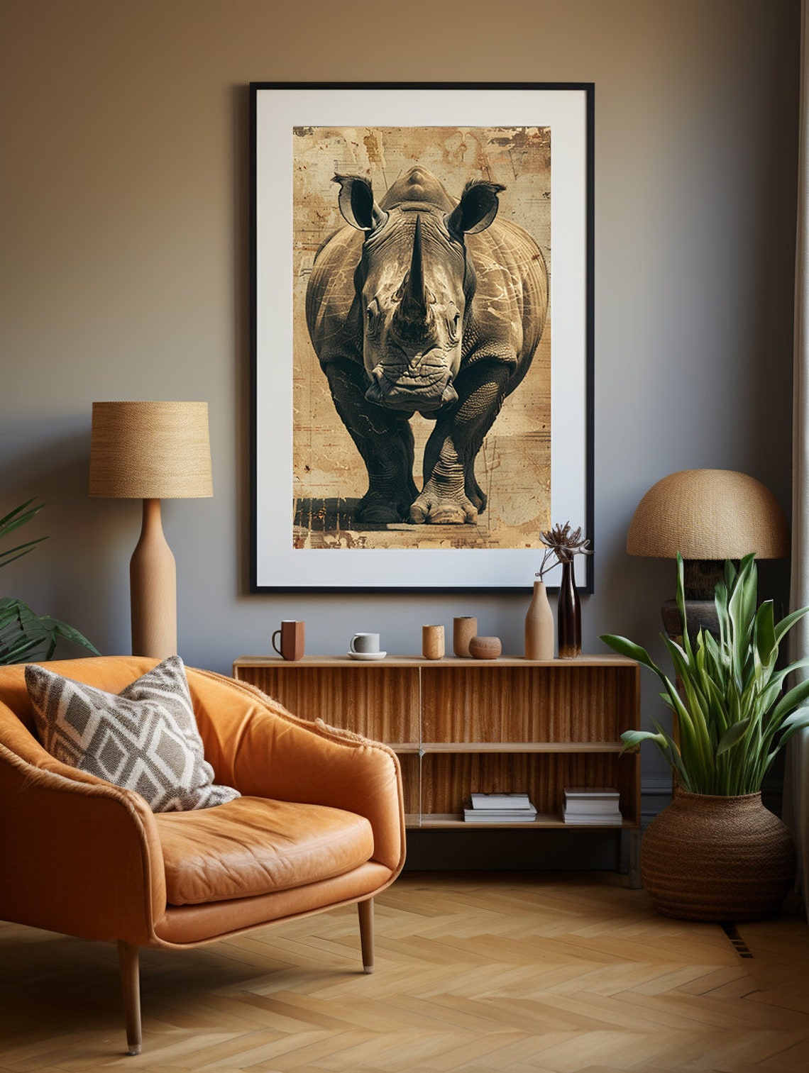 Charging Rhino Portrait on Weathered Vintage Parchment Poster - Image 3