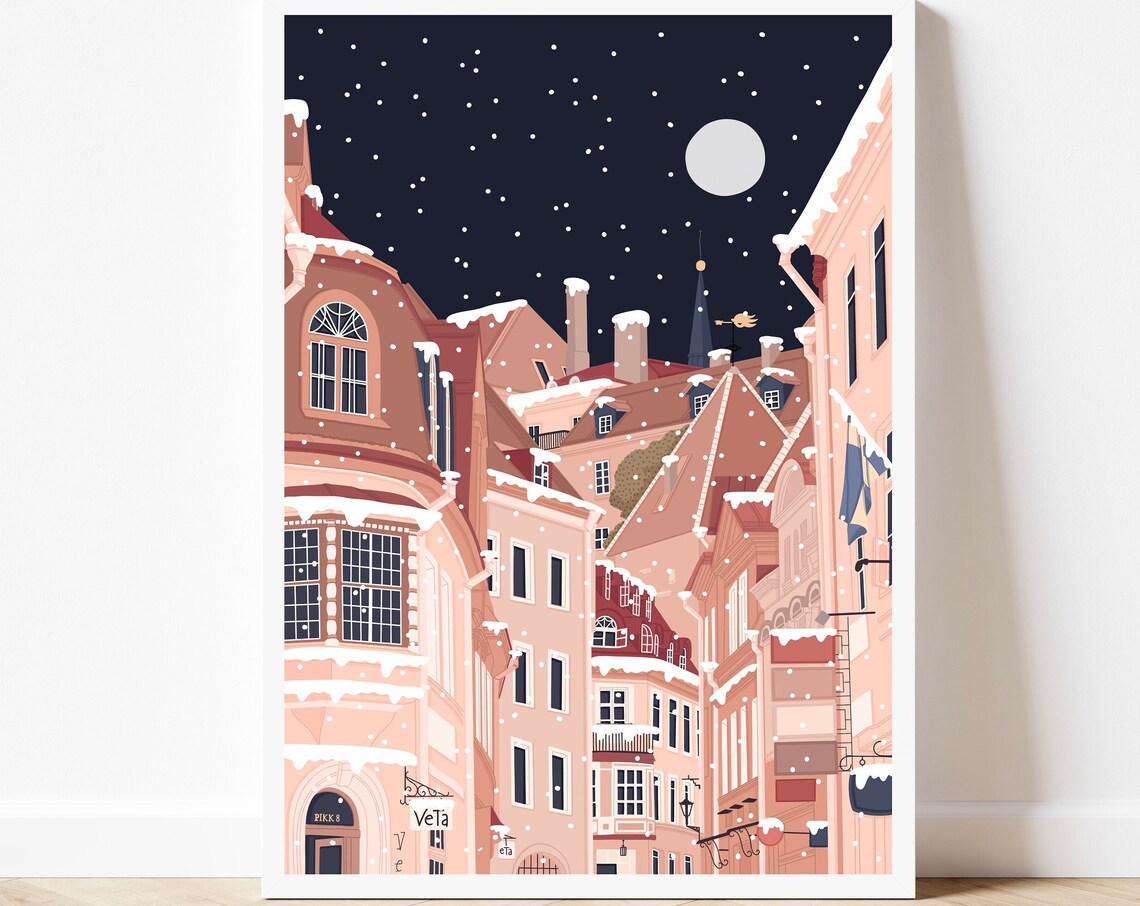 Tallinn Estonia Snowy Winter Night Old Town Street Scene Art Print