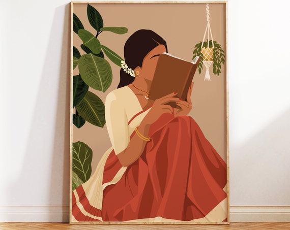 Indian Women In Saree Reading Book Art Boho Art Desi Art Indian Book Lovers Wall Art South Asian Art Indian Art Tamil Girl Brown Girl
