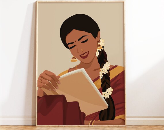 Indian Women In Saree Reading Book Art Print