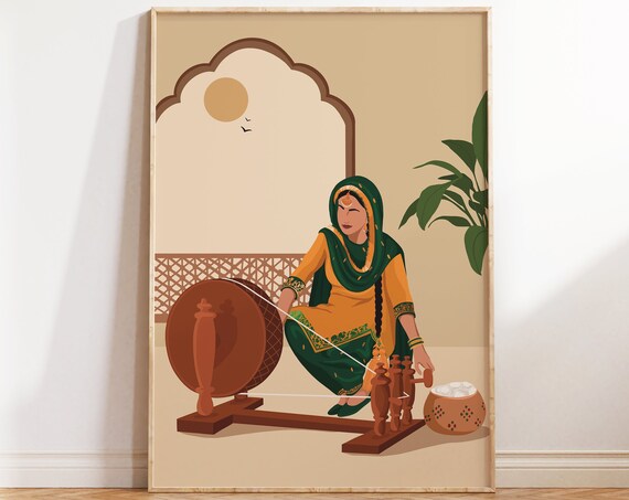 Punjabi Charkha Spinning Art Print, Traditional Indian