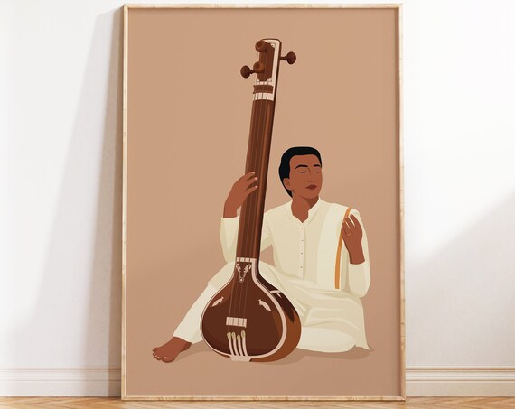 Indian Man Playing Tanpura, South Indian Art Print