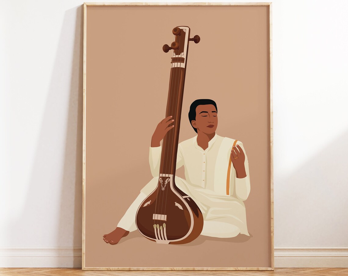 Indian Man Playing Tanpura, South Indian Art Print