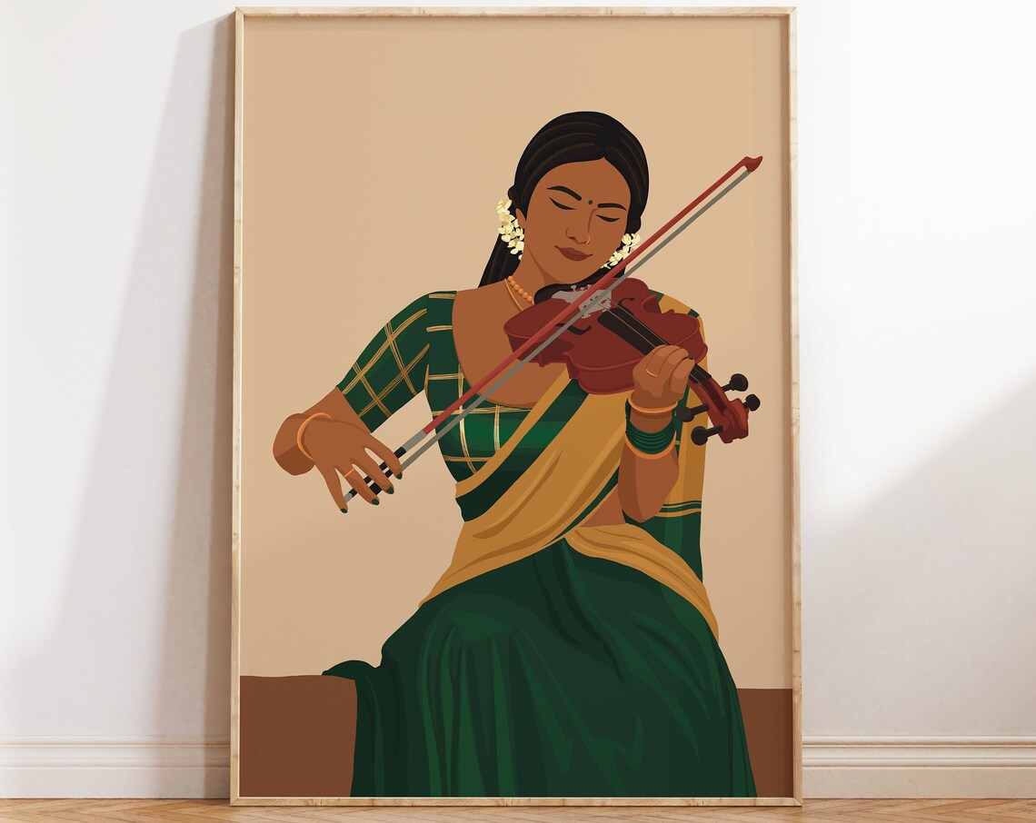 Indian Woman Playing Violin, South Indian Art Print