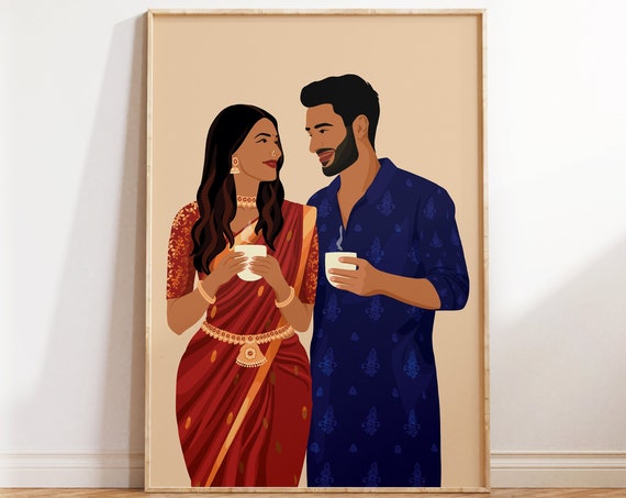 Indian Couple Drinking Chai Art Indian Art Desi Art South Asian Art South Indian Art Brown Couple Art Valentines Gift Wedding Gift