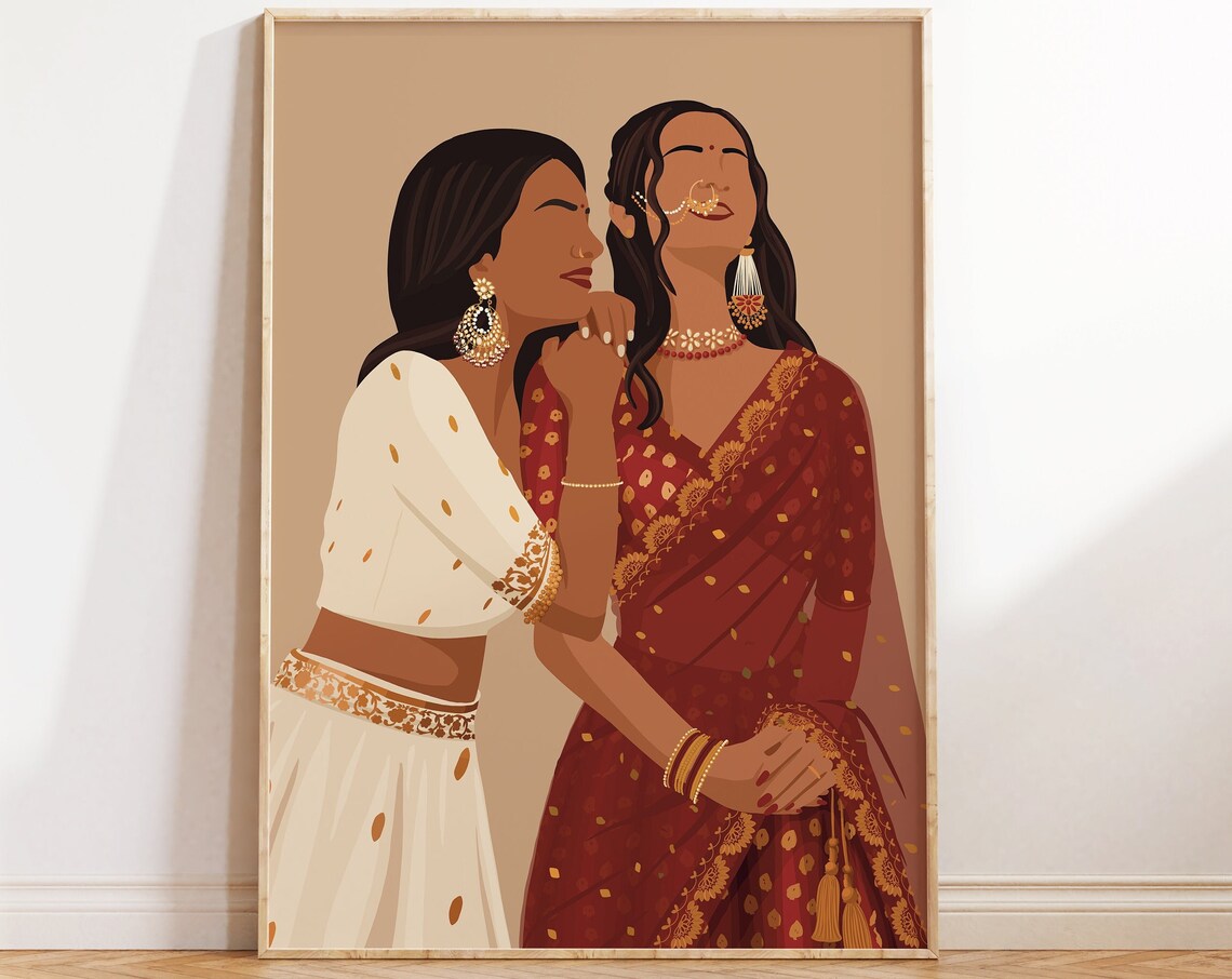 Indian Sisters Art Print, Desi Best Friends Gift