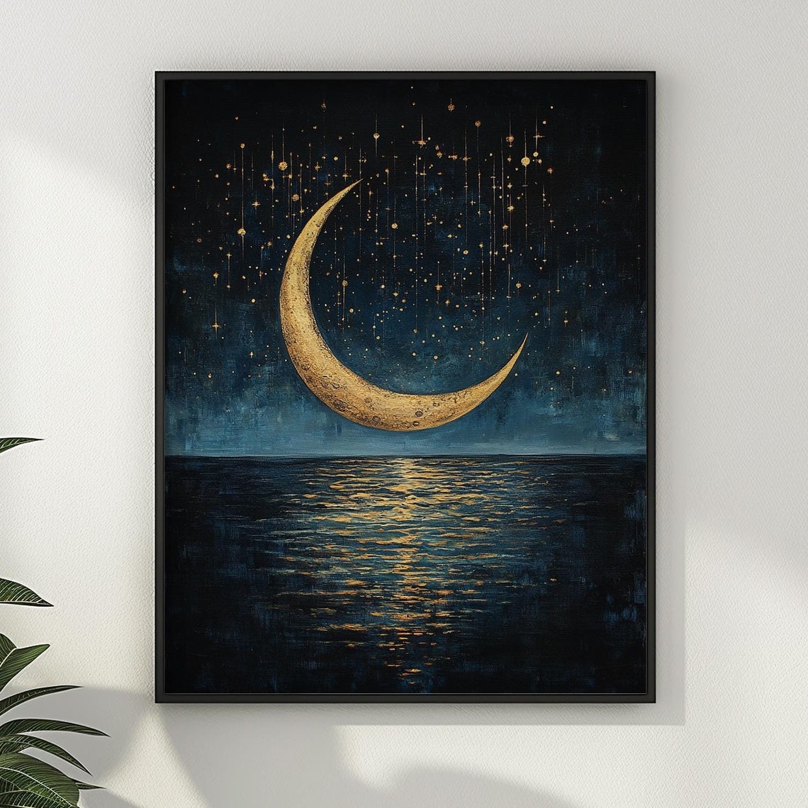 Golden Crescent Moon with Falling Stars Over Dark Ocean Poster