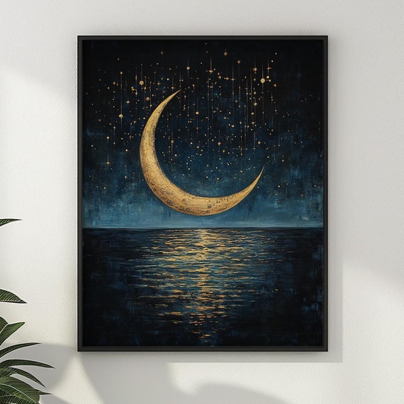 Crescent Moon Celestial Enchanting Painting Poster Print Dark Moody Wall Art Wall Decor Night Sky Ocean Clouds Maximalist Gift Matte Poster