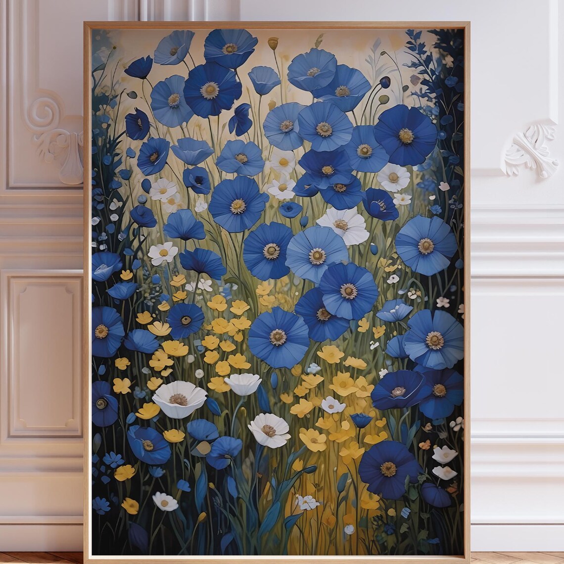 Blue White Poppies Field Wildflower Botanical Floral Art Poster