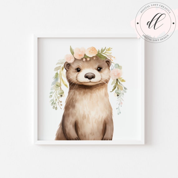 Adorable Otter With Floral Crown Illustration Cute Animal Art Nursery Decor Baby Shower Gift Nature Inspired Wall Art