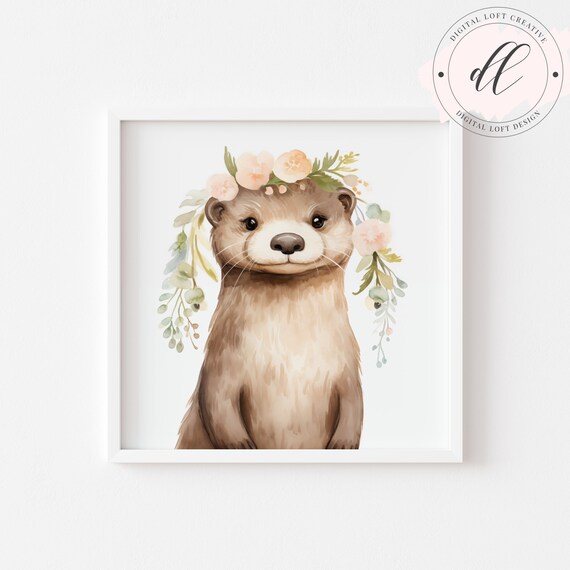 Baby Otter Floral Crown Watercolor Cute Nursery Animal Wall Art
