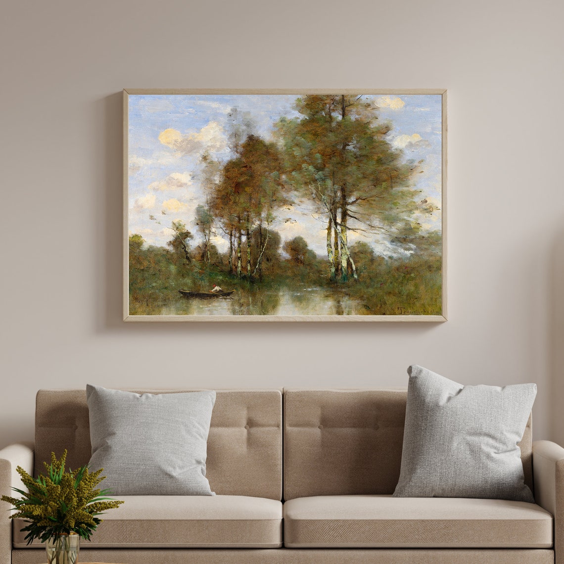 Vintage Oil Painting Poplar Pond Rowboat Blue Sky Clouds Art Poster - Image 2