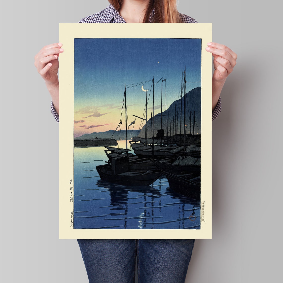 Japanese Harbor Dusk Fishing Boats Crescent Moon Woodblock Poster - Image 4