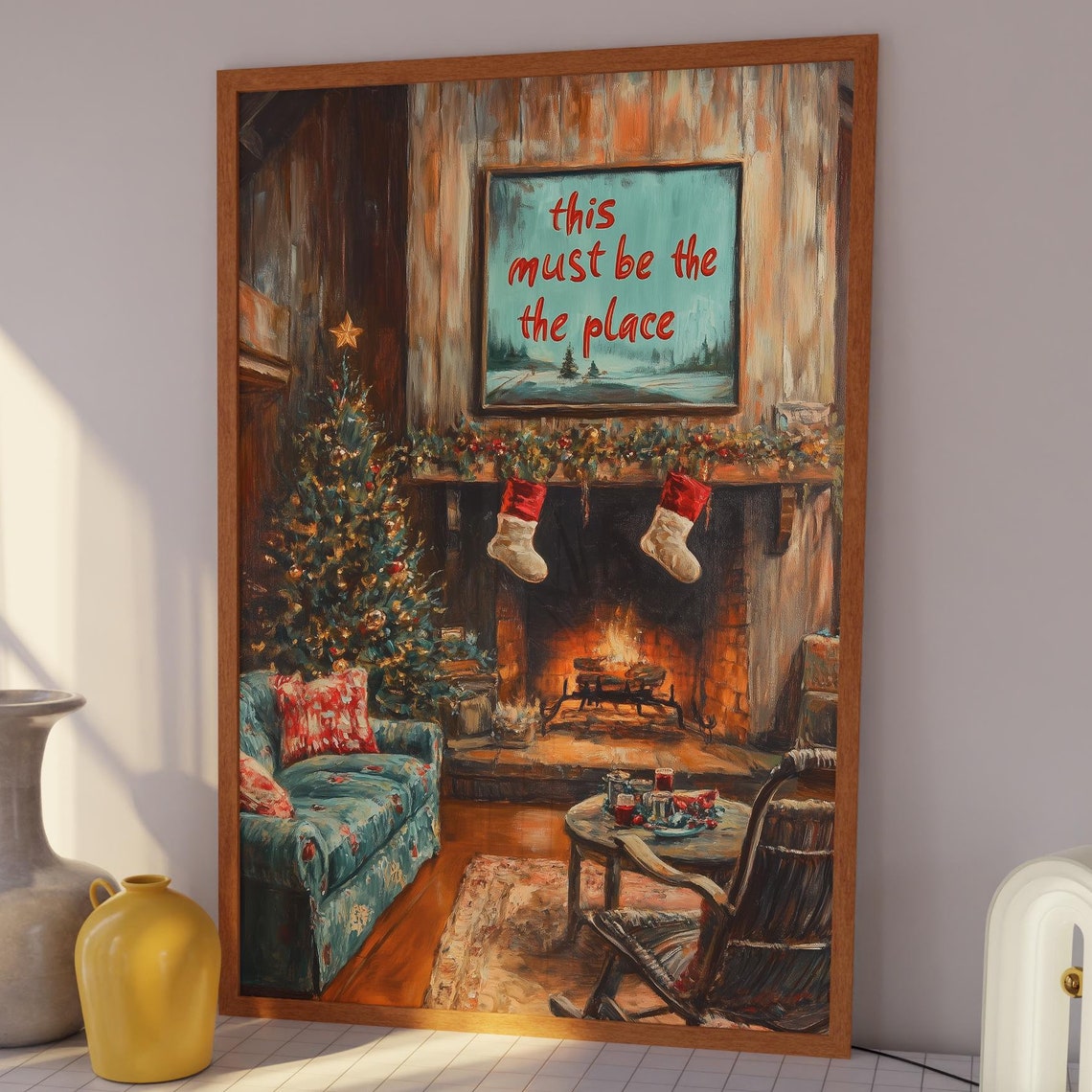 Cozy Christmas Cabin Living Room Fireplace Rustic Scene Poster - Image 3