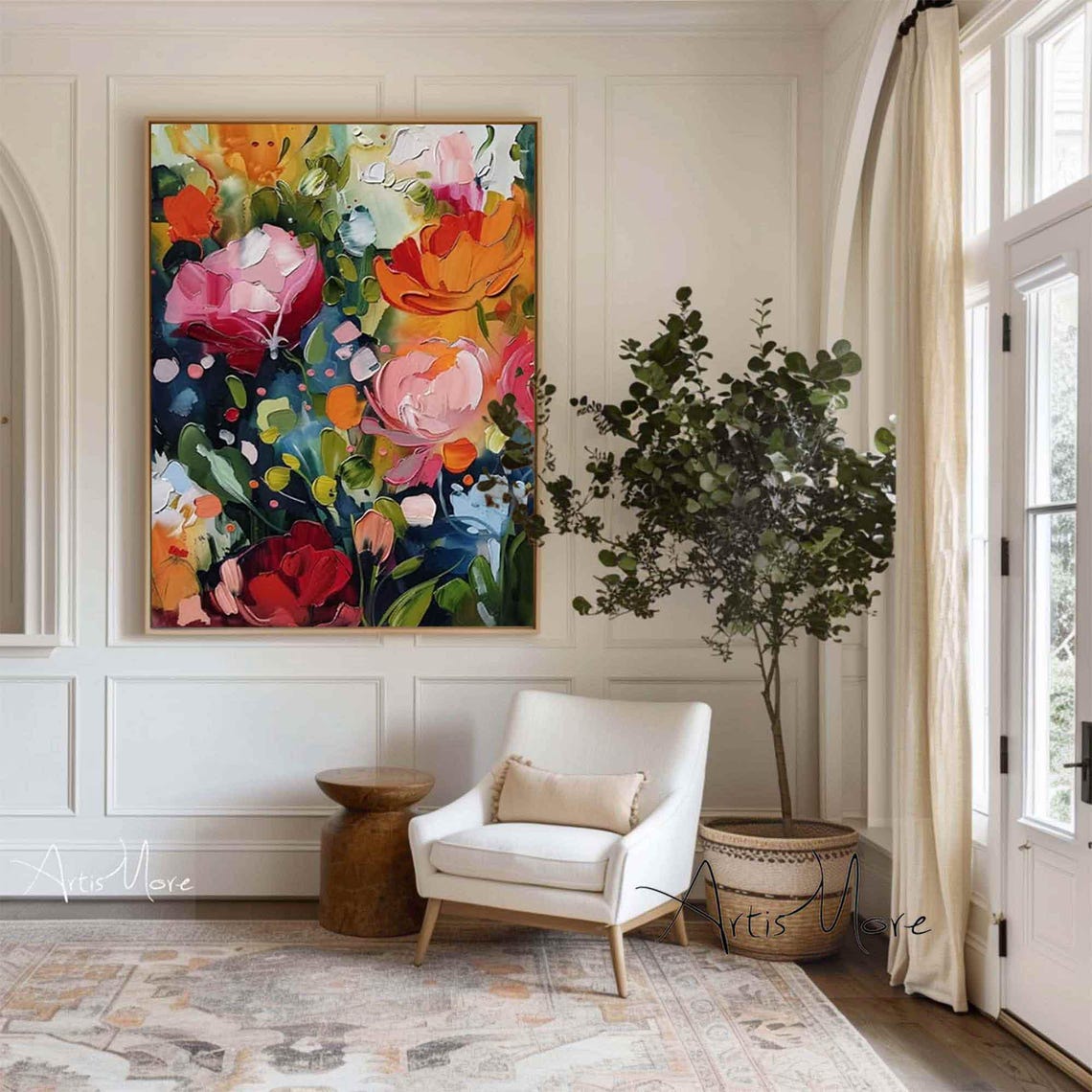 Bold Pink Red Poppy Bloom Abstract Floral Impasto Canvas Art Poster - Image 5