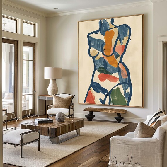 Abstract Woman Silhouette Beige Blue Orange Brush Line Art Wall Art
