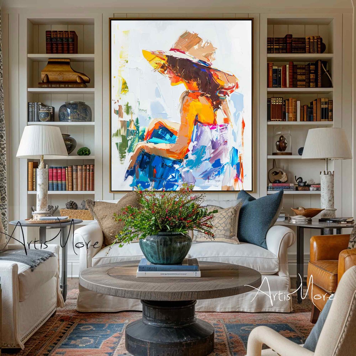 Minimalsit Figure Wall Art Colorful Woman Tan Skin Thick Texture Art Painting Summer Female Figure Painting Boho Living Room Wall Art Decor - Image 4