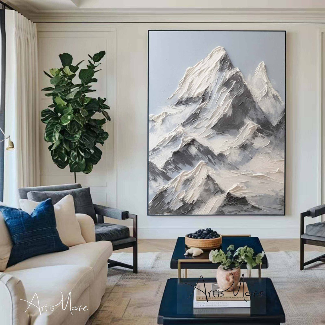 Blue Abstract Mountain Wall Art White Texture Painting On Large Mountain Landscape Painting Modern Knife Texture Art Custom Artwork - Image 3