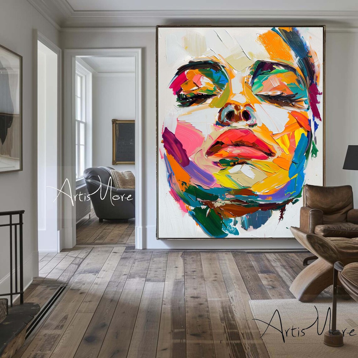 Colorful Abstract Woman Face Closed Eyes Rainbow Brushstroke Portrait Wall Art - Image 4