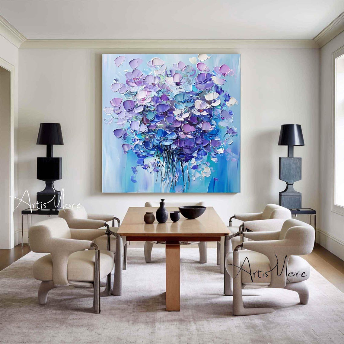 Purple Blue Abstract Floral Bouquet Impasto Texture Canvas Wall Poster - Image 3
