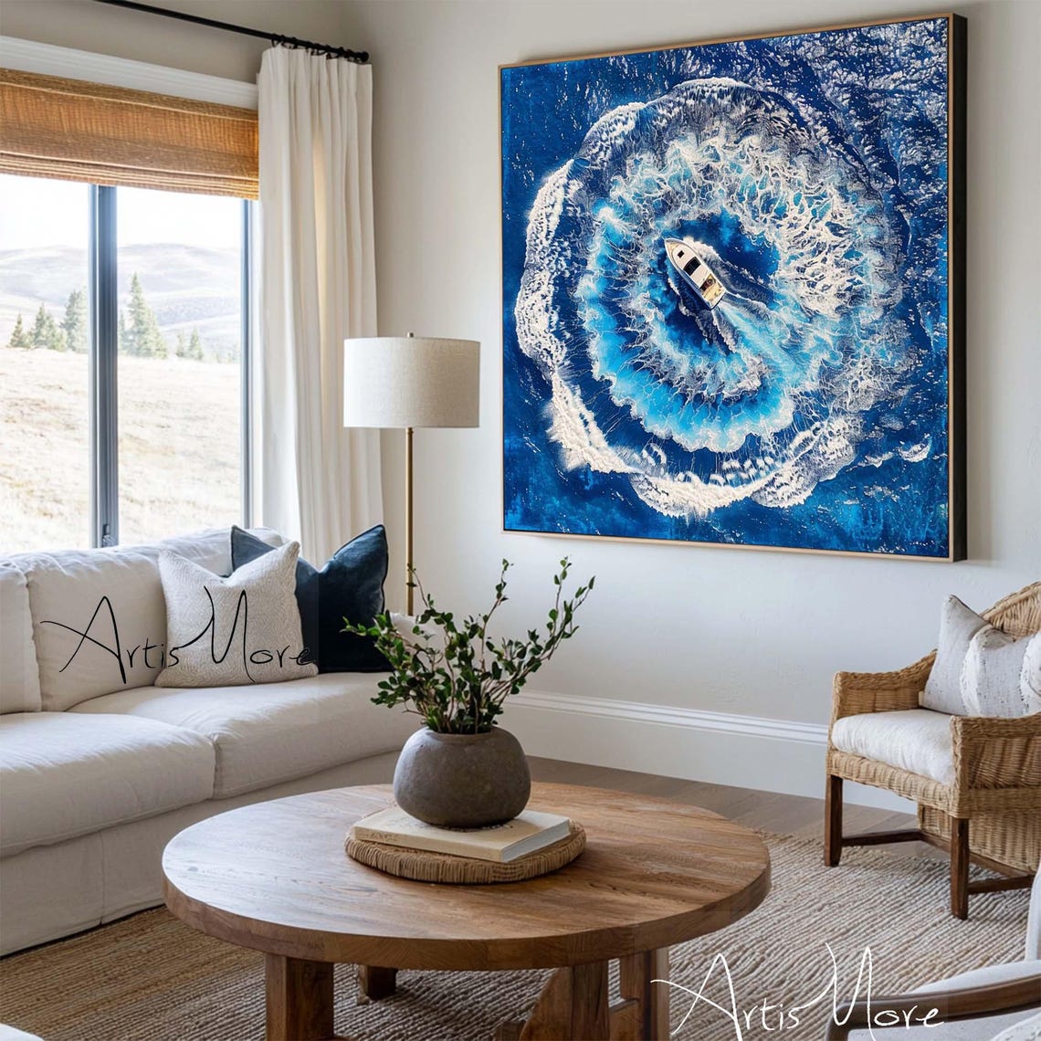 Aerial Ocean View Boat Circling Blue Wave Ring Nautical Art Poster - Image 2