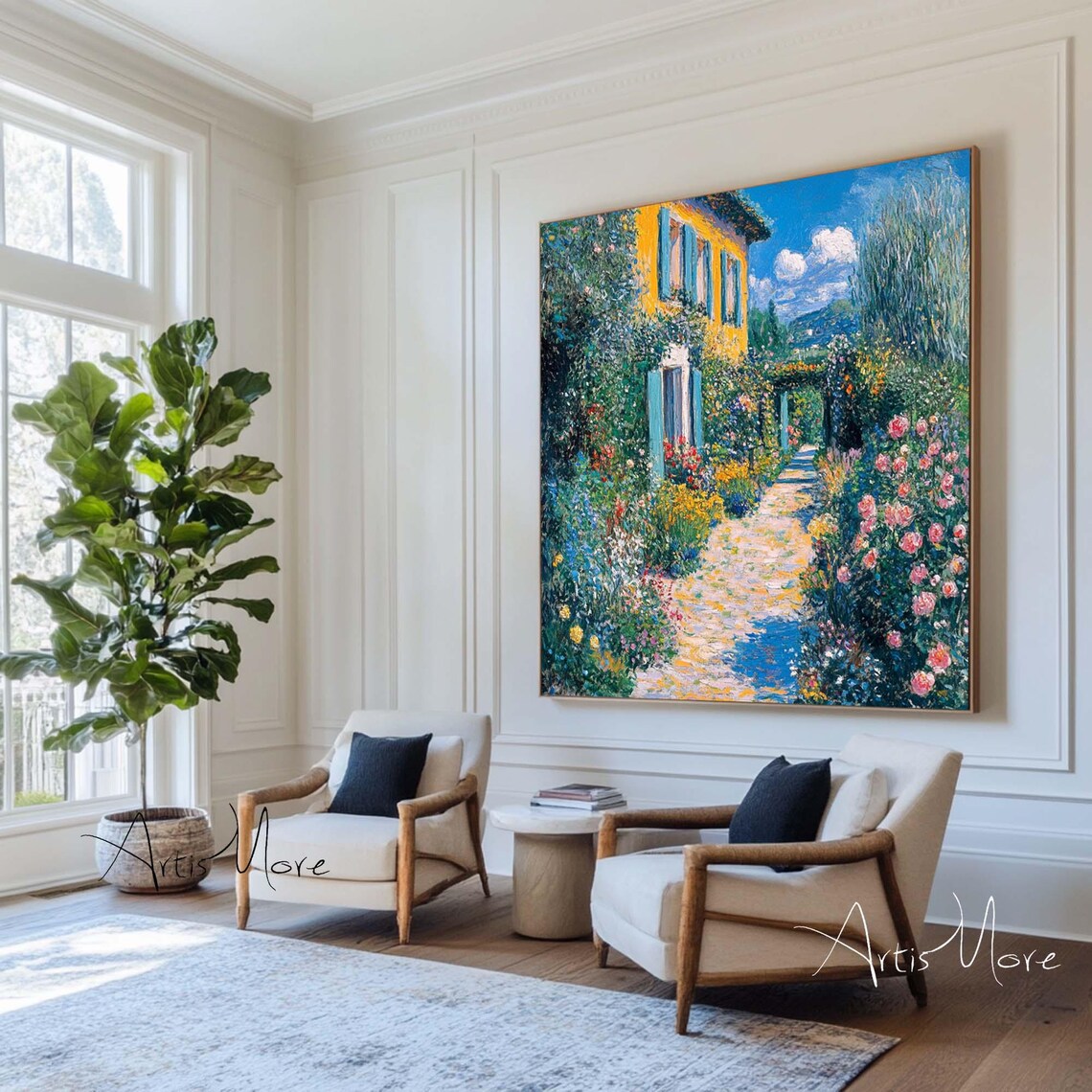 Impressionist Garden Path Blooming Yellow House Floral Art Poster - Image 3