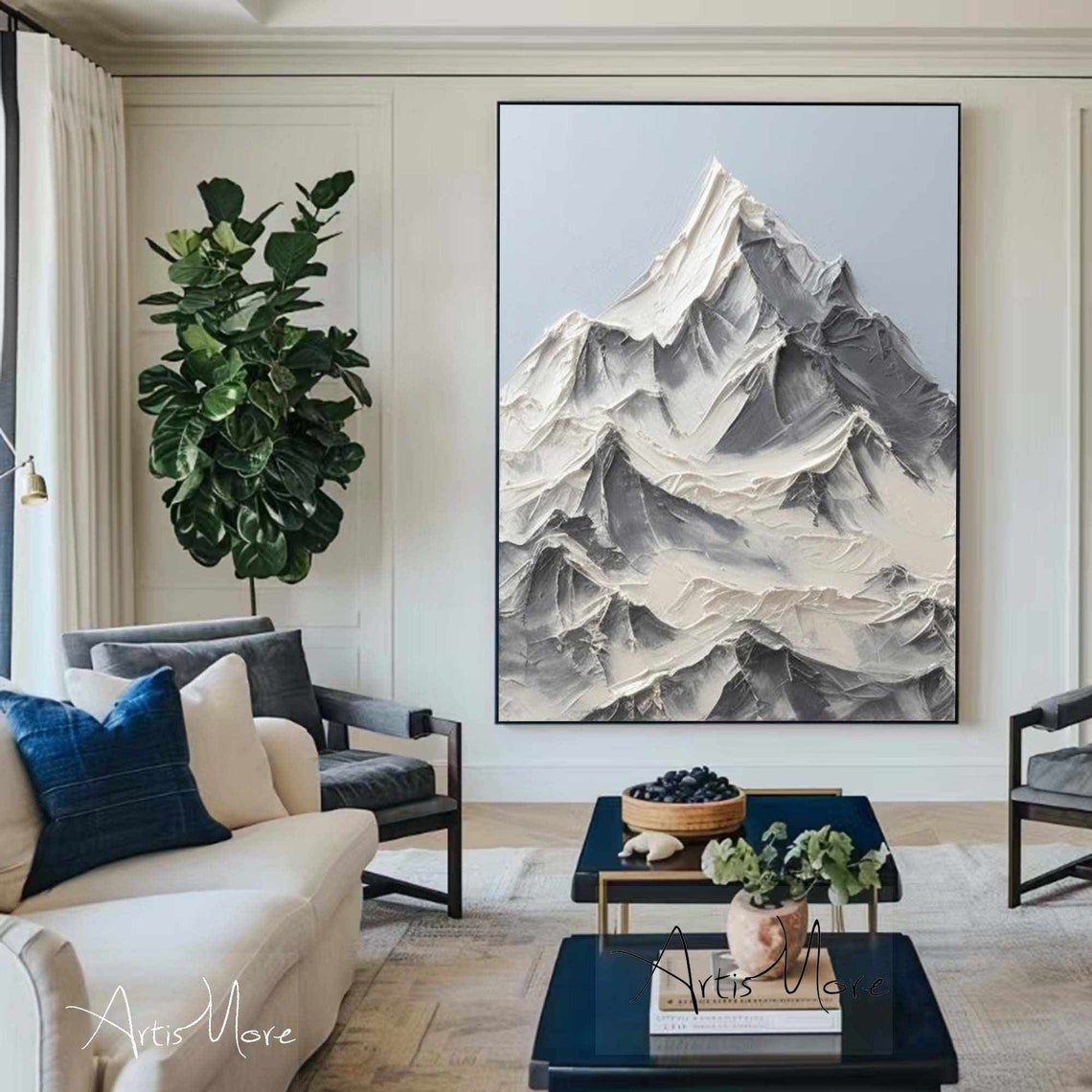 Abstract Mountain Texture Painting On Large Blue Wall Art White 3d Snow Mountain Texture Wall Art Modern Living Room Wall Art Decor - Image 3