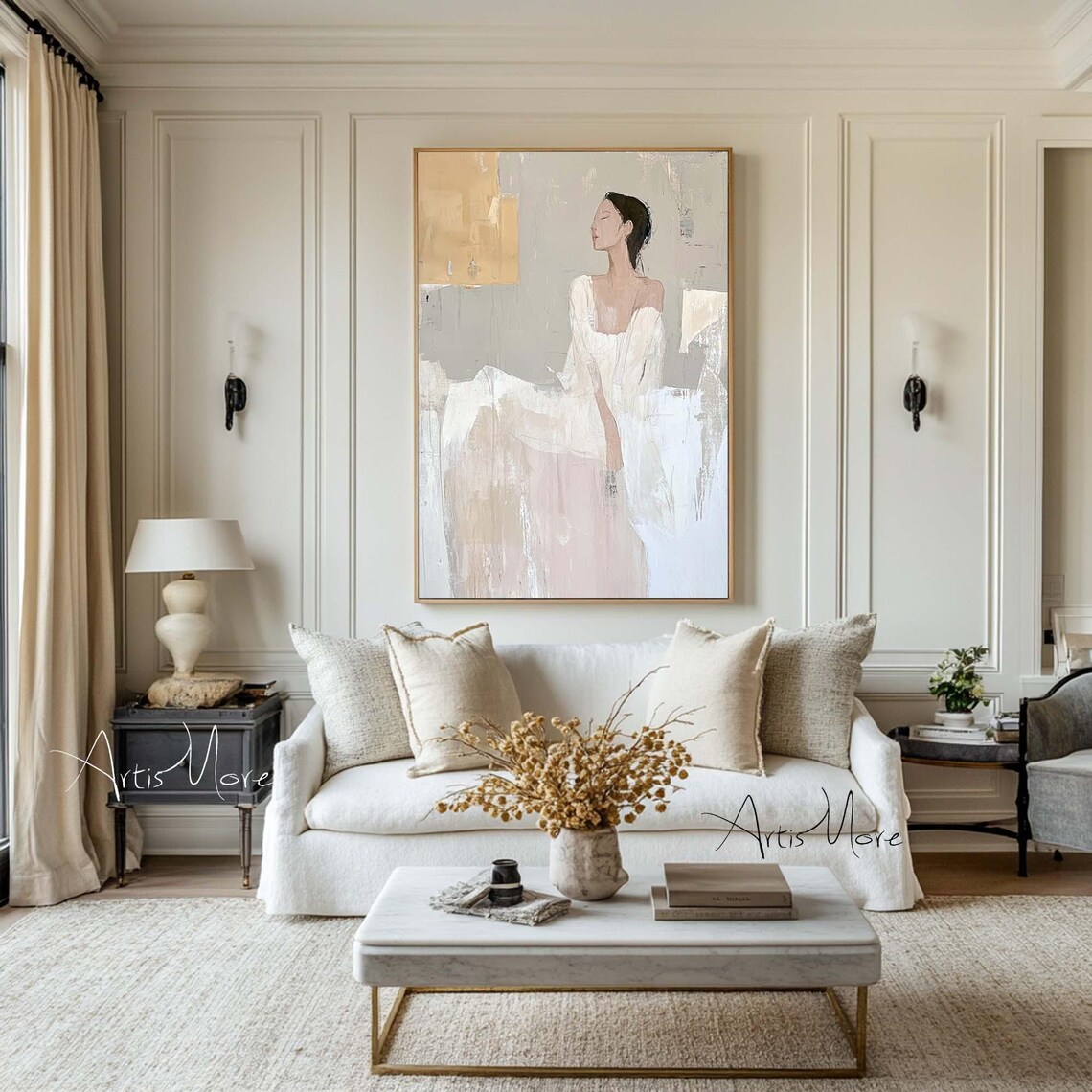Elegant Woman White Dress Profile Neutral Beige Modern Figure Painting Wall Art - Image 4